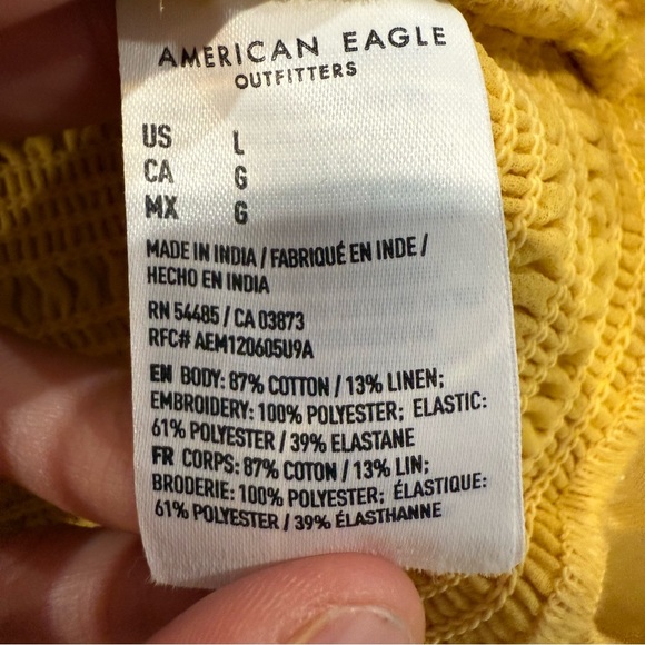 American Eagle Smocked Ruffle Mini Bodycon Dress Womens Large Yellow Linen Blend - Picture 6 of 8
